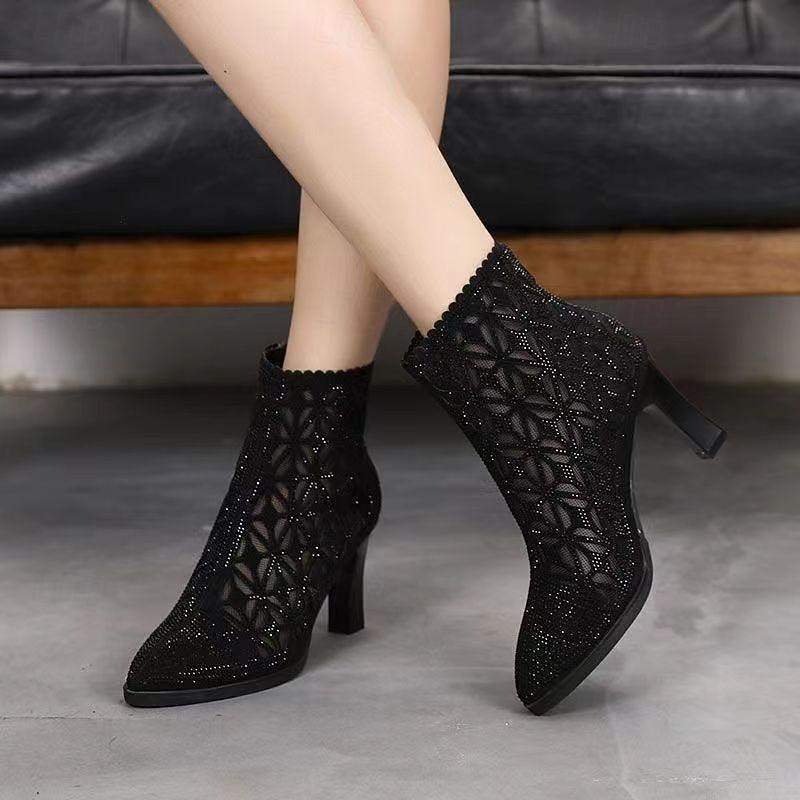 Women's Black Mesh Ankle Boots with Rhinestone Embellishments – Elegant High-Heel Design for Party and Evening Wear2