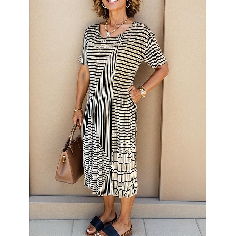 Women's Geometric Pleated Stripe Crew Neck Midi Dress Summer Spring3