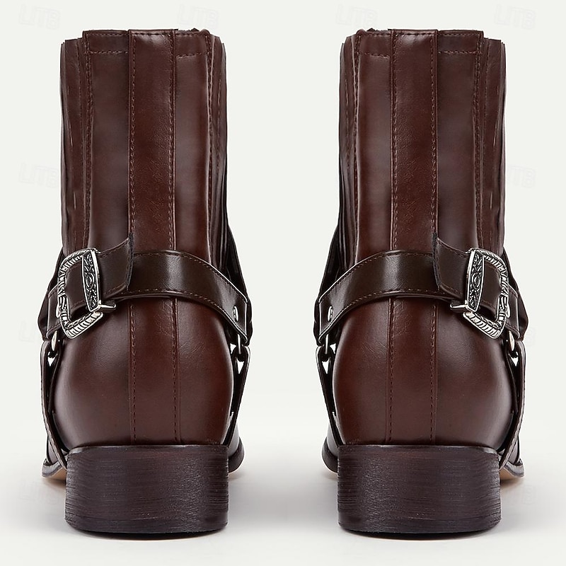 Men's Brown Western Cowboy Boots - Stylish Leather Embossed Ankle Boots for Casual Wear and Outdoor Activities4