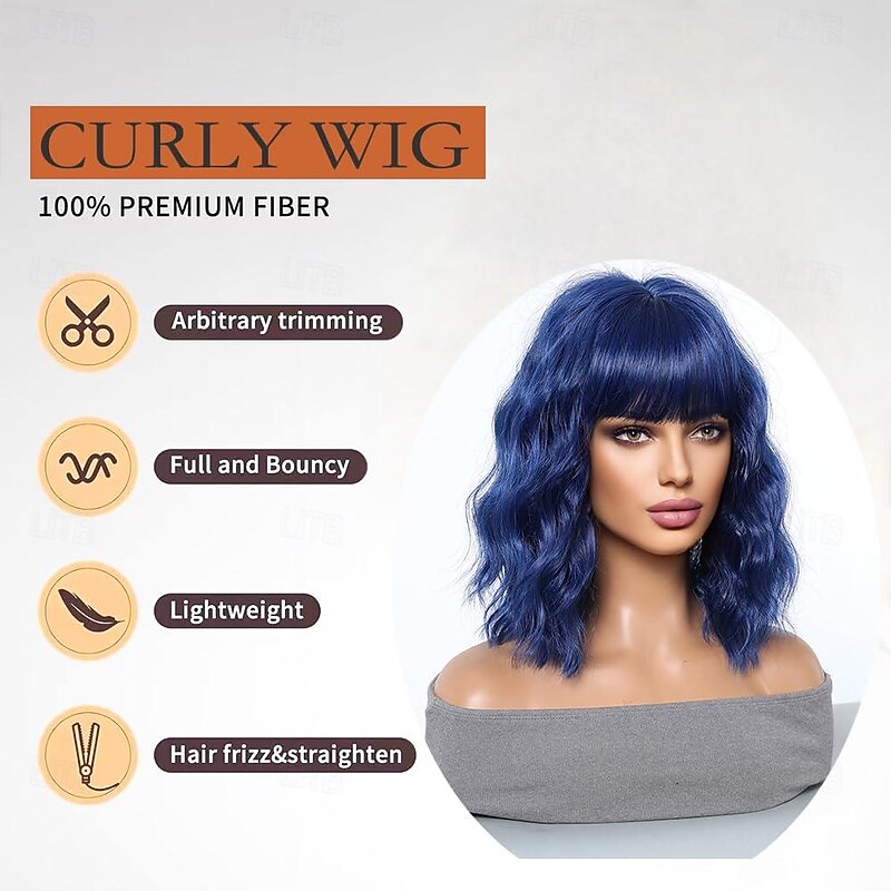Short Bob Wavy Wig with Bangs for Women Short Wig Loose Curly Shoulder Length Synthetic Cosplay Wig Bob for Girl Colorful Costume Wigs2