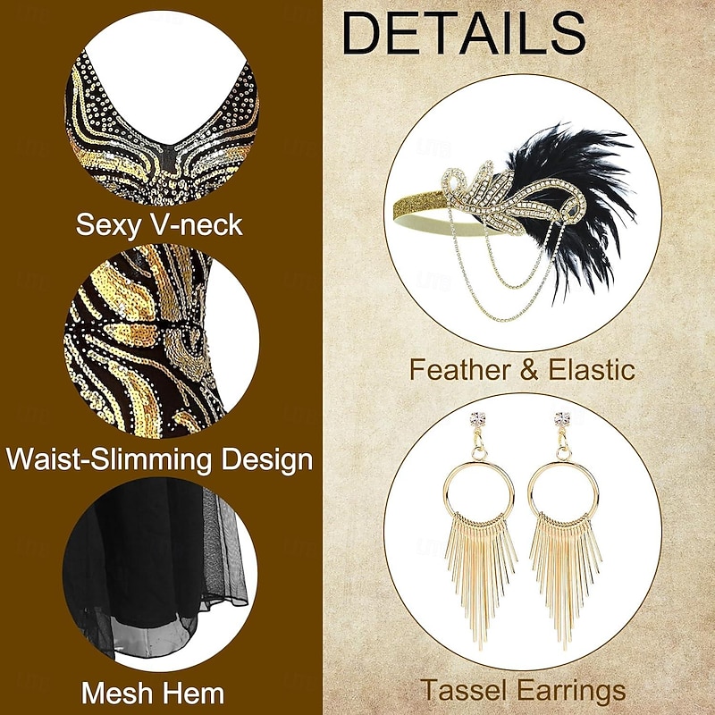 Roaring 20s 1920s Cocktail Dress Flapper Dress Dress Outfits The Great Gatsby Charleston Wedding Guest Sequins Feather Fancy Dress Women's New Year Masquerade Halloween Party / Evening Wedding3