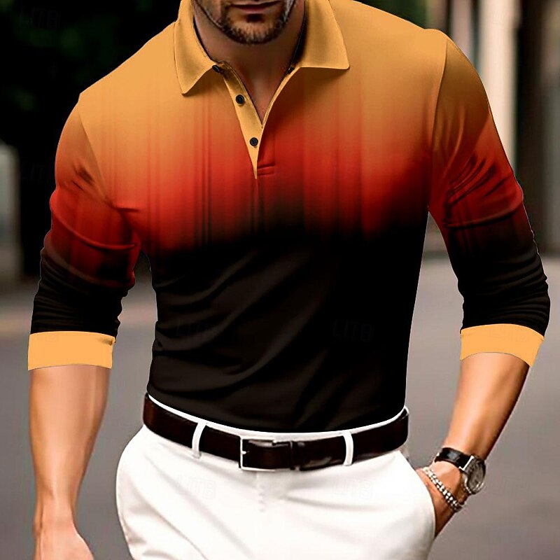 Men's Geometric Polo Shirts Golf Shirt Long Sleeve Polo Shirts Collared Shirts WorkWear Formal Wear Festival Wear 3D Print Buttons Fall & Winter Blue Orange Gray