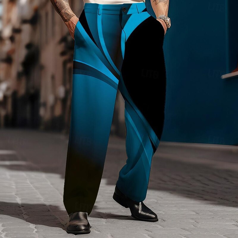 Men's Graphic Striped Dress Pants Mid Waist Business Casual Formal Dailywear Pocket Straight Leg Trousers Summer Spring Fall 3D Print Blue