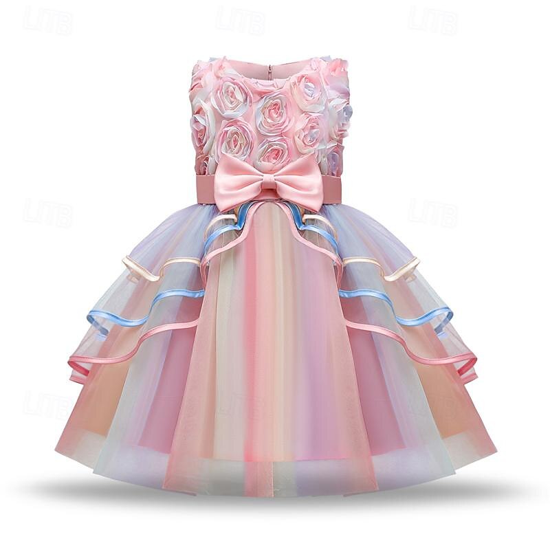 Girls' 3D Rainbow Party Dress Sleeveless Summer Spring Performance Party Birthday Princess Beautiful Sweet Kids 4-12 Years Party Dress Swing Dress A Line Dress Midi Regular Fit4