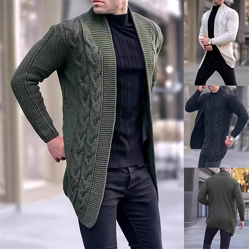 Men's Cardigan Sweater Knit Sweater Cable Knit Regular Solid Color Open Front Fashion Classic Daily Wear Date Clothing Apparel Fall & Winter Black White S M L4