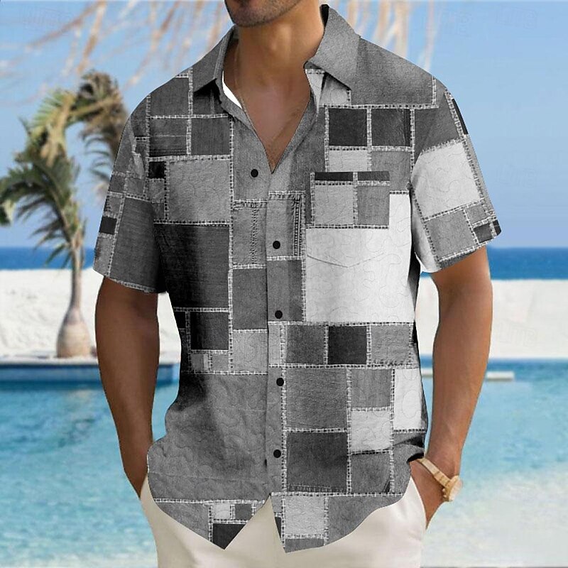 Men's Geometric Color Block Geometric Pattern Button Up Shirt Printed Shirts Short Sleeve Hawaiian Resort Outdoor Business / Ceremony / Wedding Summer Turndown Print Button-Down Blue Khaki Gray4