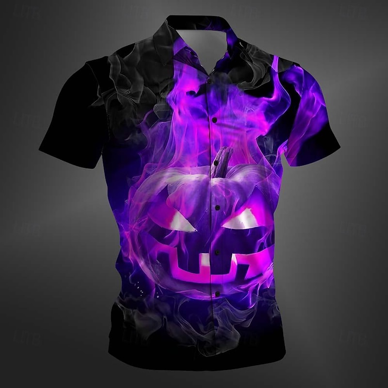 Halloween Men's Pumpkin Halloween Costumes Shirt Button Up Shirt Short Sleeve Casual Dark Party Evening Wear Daily Summer Winter Spring &  Fall Turndown Button Up 3D Print Red Purple Orange Green4