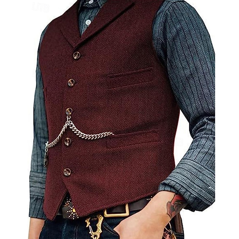 Men's Vest Gilet Wedding Event / Party Daily Fashion Business Spring & Summer Button Pocket Thick Chain Polyester Comfortable Plain Single Breasted One-button Lapel Regular Fit Black Burgundy Navy2