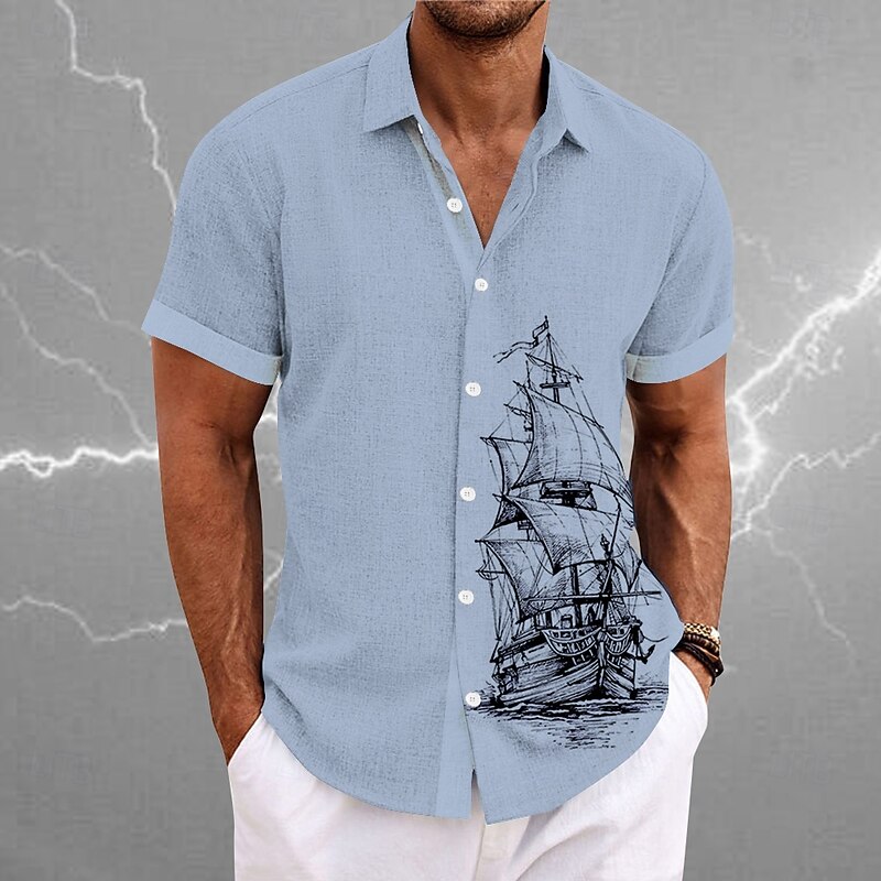 Men's Nautical Sailboat Shirt Button Up Shirt Short Sleeve Vintage Casual Vacation Daily Hawaiian Summer Spring Turndown Collared Shirts Button Up 3D Print White Blue Gray3