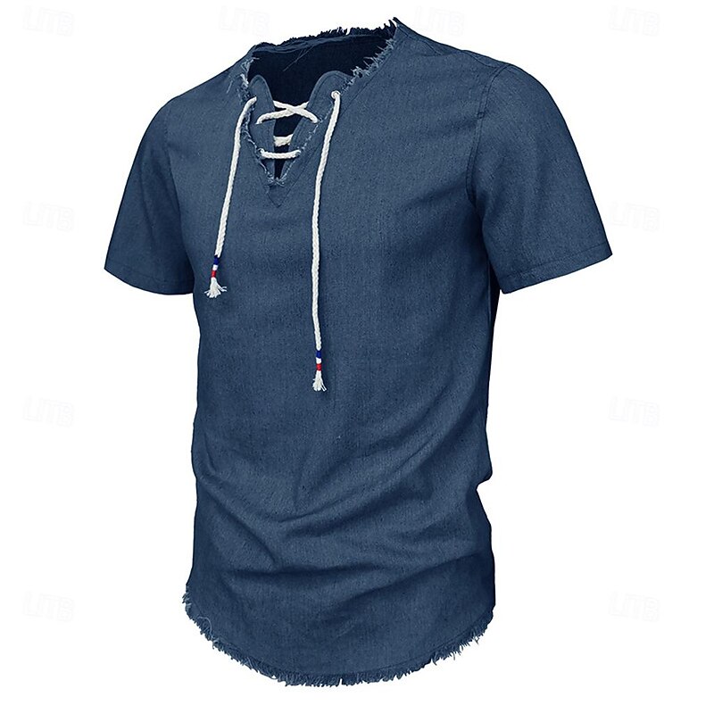 Men's Shirt Chambray Shirt Calico Shirt Summer Shirt Denim Shirt Navy Blue Dark Blue Light Blue Short Sleeve Solid Color Standing Collar Casual Daily Drawstring Clothing Apparel Fashion Casual2