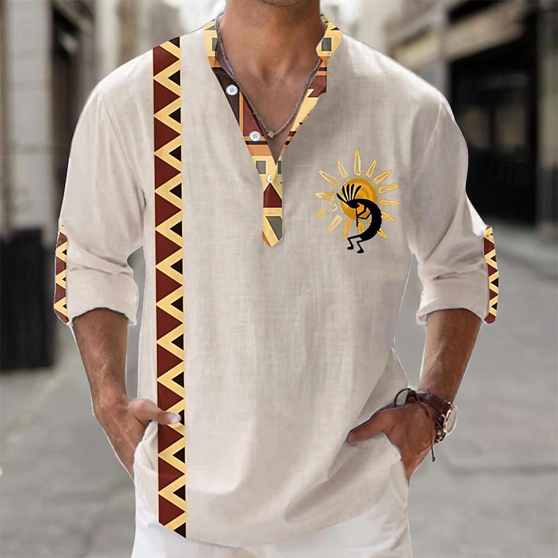 Men's Shirt Button Up Shirt Long Sleeve Tribal Fashion Casual Vacation Causal Casual Summer Spring &  Fall Stand Collar Buttons Print Yellow Green Khaki Beige