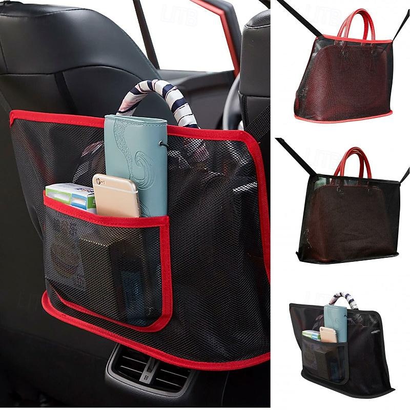 Car Net Pocket Handbag Holder, Extra Storage Space Organizer, Safe & Disturb-Free Driving, Simple Installation, Fits Standard Armrests, Oxford Cloth & Mesh, Black/Red