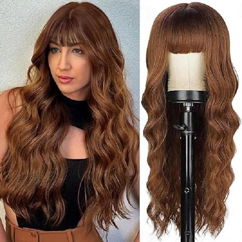 Wig With Bangs Long Wavy Wig For Women Wigs Synthetic Curly wig Natural Looking Heat Resistant Hair For Daily Party Cosplay Use 26 Inches Halloween Wigs