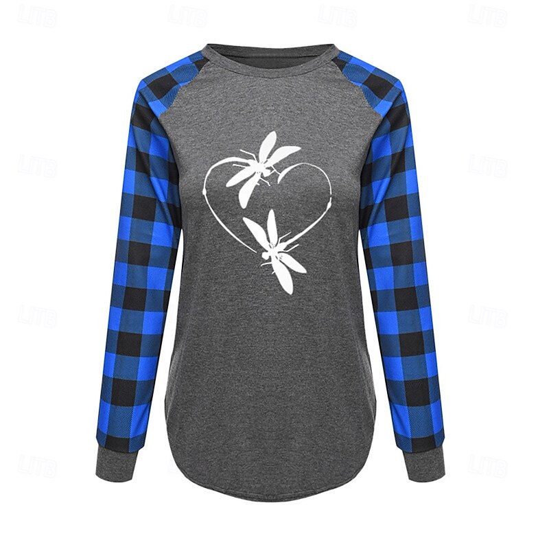 Women's Valentine Heart T Shirt Fashion Plaid Regular Tops Long Sleeve Round Neck Print Regular Fit Valentine's Day Weekend Red Blue Spring &  Fall2