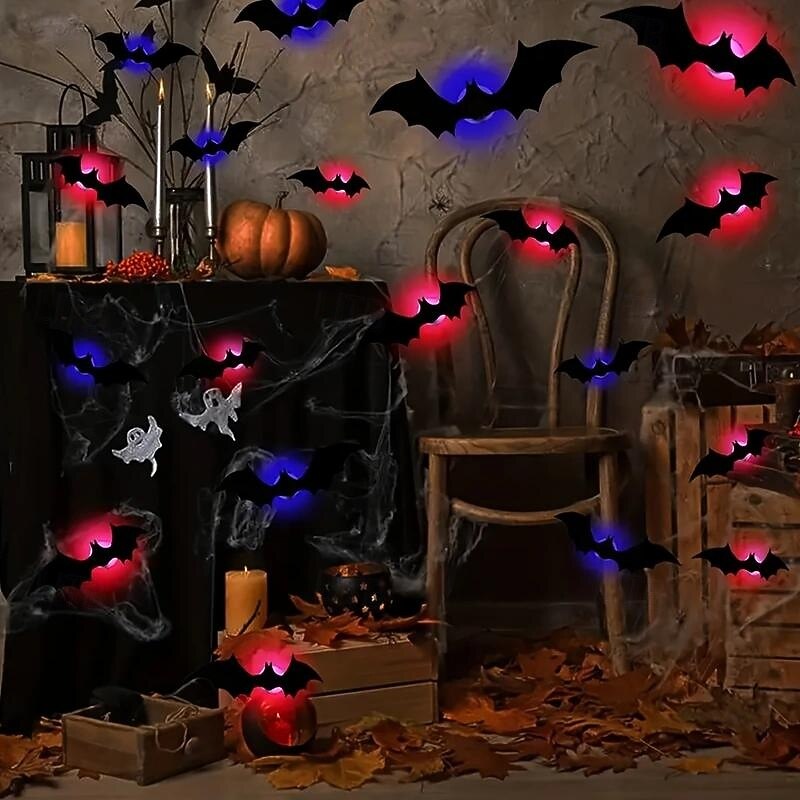 12Pcs 3D Halloween Bat Decoration Night Light - Spooky Multi-Purpose Decor for Indoor Window Yard Garage with Eerie Glow, PVC Wall Sticker, Room Decor, Home Decor, Halloween Room Decor, Goth Theme3