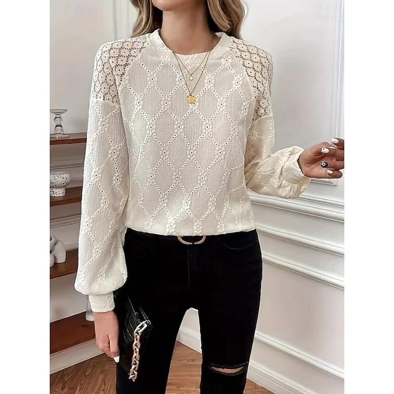 Women's Blouse Elegant Lace Eyelet Long Sleeve Crew Neck Daily Beige Summer2