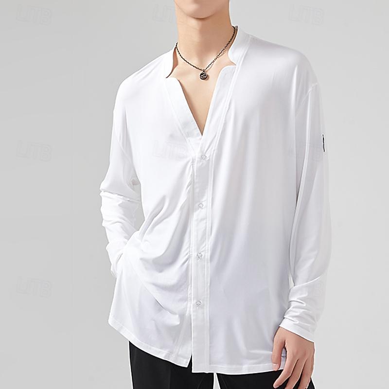 Latin Dance Shirt Pure Color Men's Performance Daily Wear Long Sleeve Crystal Cotton