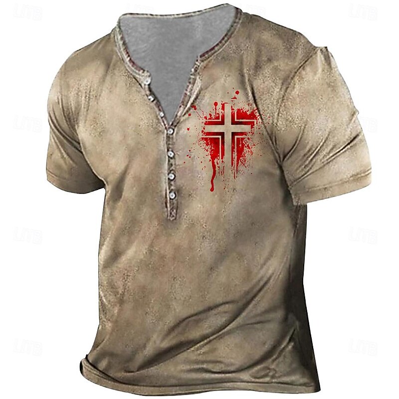Men's Cross T Shirt Short Sleeve 3D Print Vintage Daily Summer Spring Fall Brown Gray Henley Collar Henley T-Shirt