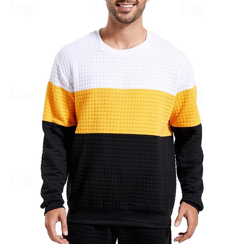 Men's Sweatshirt Black White Yellow Wine Army Green Crew Neck Color Block Patchwork Ribbed Textured Sports & Outdoor Daily Holiday Polyester Streetwear Basic Casual Spring &  Fall Clothing Apparel4