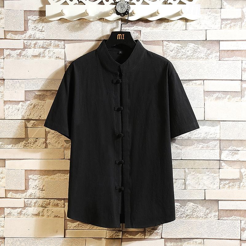 Men's Shirt Chinese Collar Shirt Mandarin Collar Shirt Summer Shirt Casual Shirt Beach Shirt Black White Blue khaki Short Sleeve Plain Mandarin Collar Vacation Holiday Clothing Apparel Polyester4