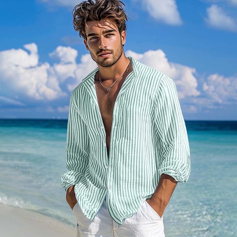 Men's Shirt Summer Shirt Beach Wear Button Up Shirt Casual Shirt Striped Shirt Pink Green Dark Gray Light Blue Long Sleeve Plain Band Collar Daily Vacation Splice Clothing Apparel Fashion Casual 6