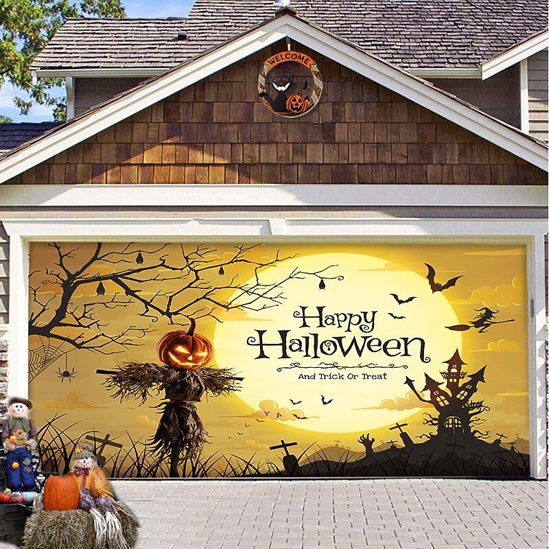 Halloween Door Decorations Halloween Garage Door Cover Pumpkins Jack O Lantern Outdoor Banner Ghost Bats Large Backdrop Decoration for Holiday Out door Decorations Door Home Wall Decorations 26
