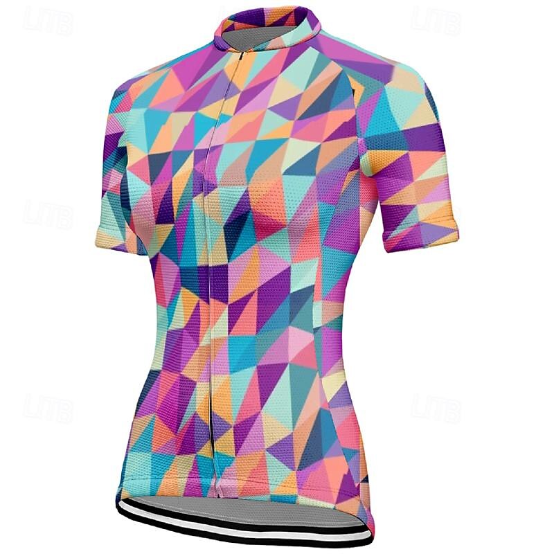 Women's Cycling Jersey Geometic Short Sleeve Bike Tee Tshirt Top with 3 Rear Pockets Mountain Bike MTB Road Bike Cycling Quick Dry Front Zipper Wicking Sports Pink Blue Purple Clothing Apparel