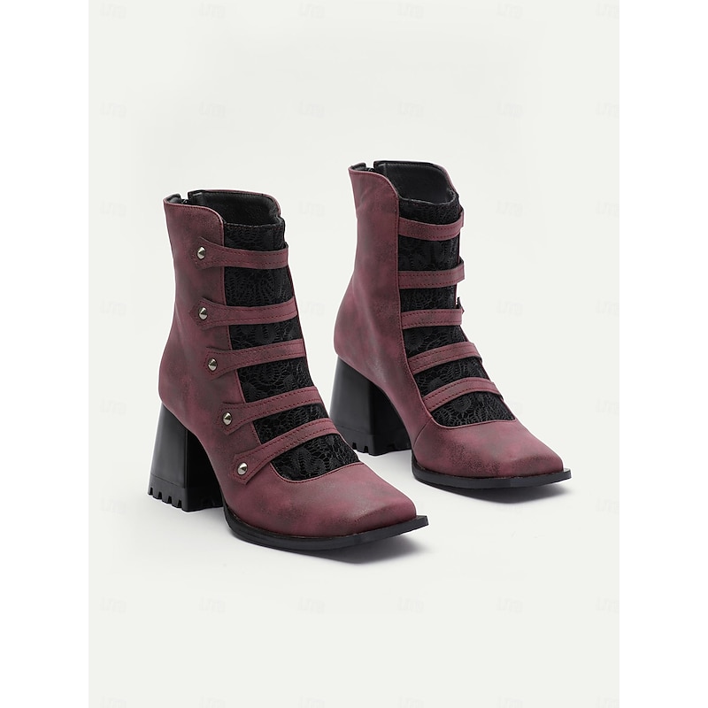 Vintage-Inspired Burgundy Strappy Boots with Chunky Heel and Lace Detail for Women, Ideal for Evening Events and Stylish Outings4