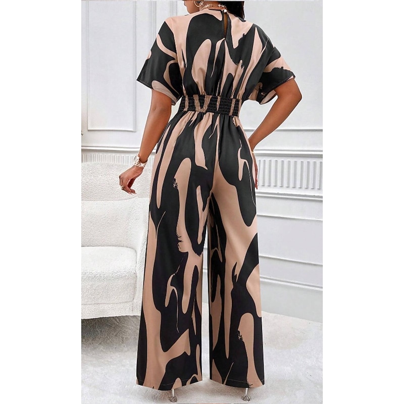 Women's Normal Jumpsuit Elegant Color Block Short Sleeve Butterfly Sleeve V Neck Print Work Daily Regular Fit White Orange Brown Summer3
