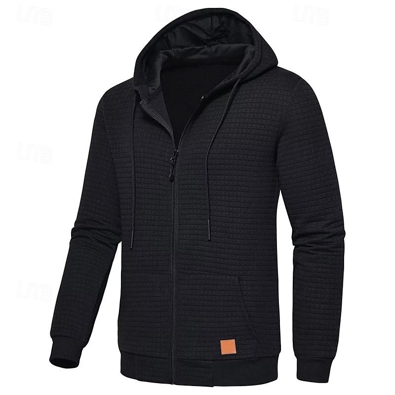 Men's Full Zip Hoodie Zip Up Hoodie Waffle Hoodies Black White Navy Blue Light Grey Dark Gray Hooded Plain Zip Up Patchwork Ribbed Sports & Outdoor Daily Holiday Polyester Streetwear Basic Casual