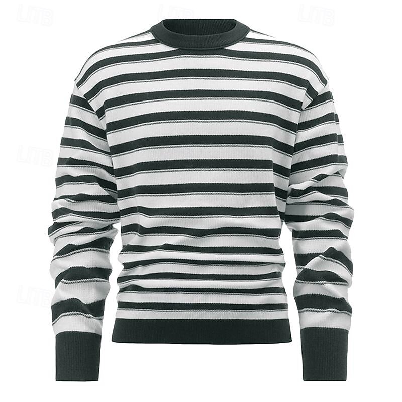 Men's Pullover Sweater Jumper Knit Sweater Ribbed Knit Regular Knitted Stripes Crew Neck Fashion Basic Daily Wear Date Clothing Apparel Fall & Winter Black Green M L XL3