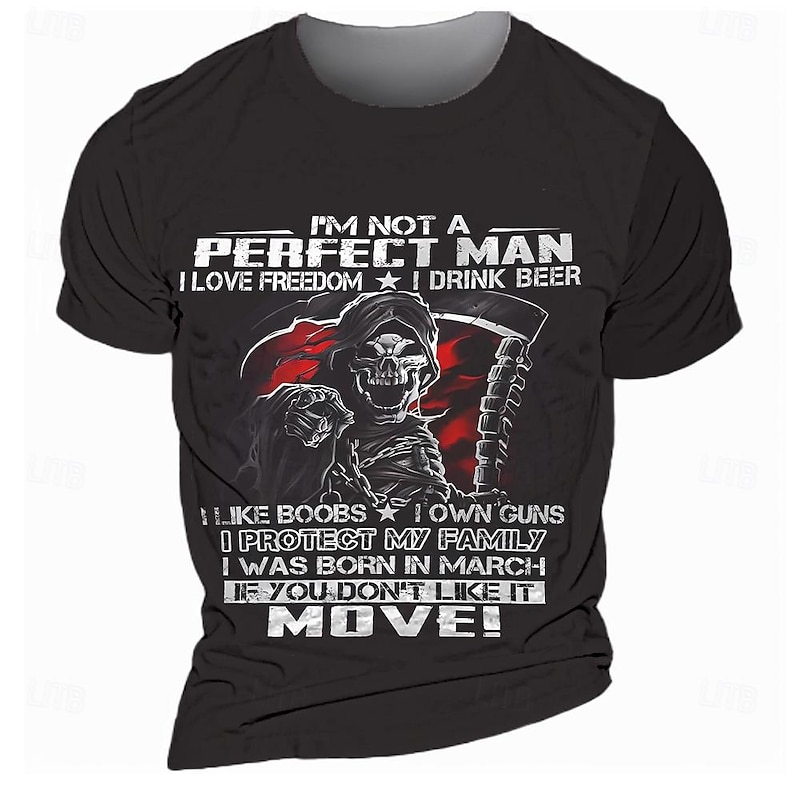 Men's Short Sleeve Graphic T-Shirt - Defiant 'I'm Not A Perfect Man' Freedom, Beer, Guns, Family & March Birthday