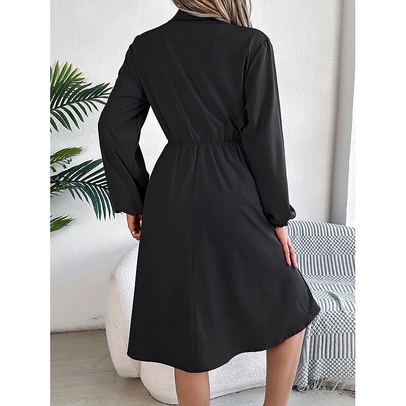 Women's Work Dress Satin A Line Dress Fashion Office Midi Dress Button Pocket Shirt Collar Long Sleeve Plain Regular Fit Black Wine Khaki Spring Fall S M L XL2