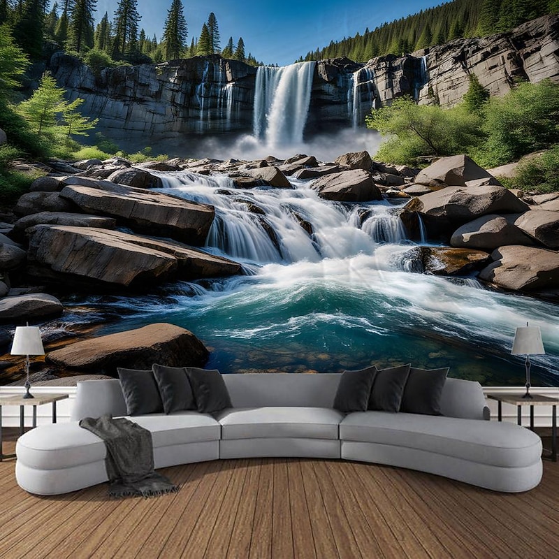 Nature Waterfall Rock Hanging Tapestry Landscape Wall Art Large Tapestry Mural Decor Photograph Backdrop Blanket Curtain Home Bedroom Living Room Decoration - Main Image