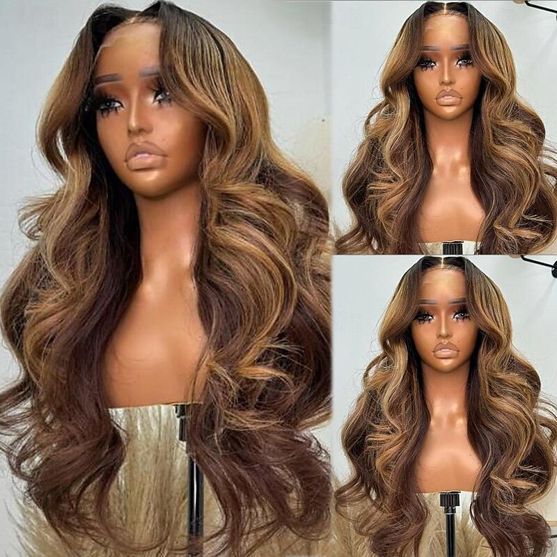 Unprocessed Virgin Hair 13x4 Lace Front Wig Middle Part Brazilian Hair Wavy Multi-color Wig 130% 150% Density with Baby Hair Highlighted / Balayage Hair Glueless Pre-Plucked For Women Long Human Hair