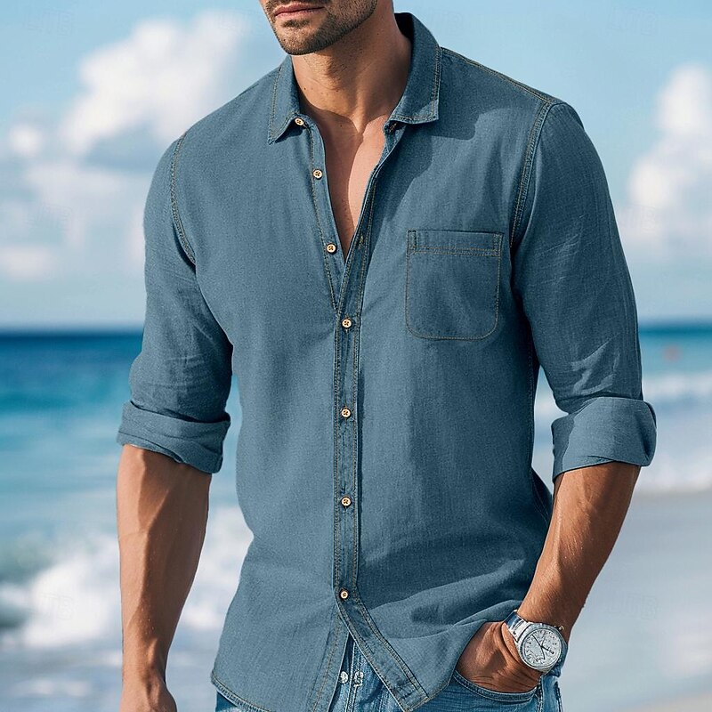 Men's Shirt Chambray Shirt Calico Shirt Button Up Shirt Casual Shirt Cowboy Shirt grey blue Black Dark Blue Light Blue Long Sleeve Solid Color Lapel Daily Vacation Denim Clothing Apparel Fashion4