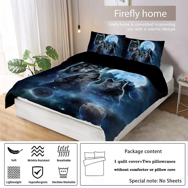 Moon Night Wolf Duvet Cover Set - Includes Duvet Cover and Pillowcases - Mystical Wolf and Moon Design - Soft and Comfortable Fabric4