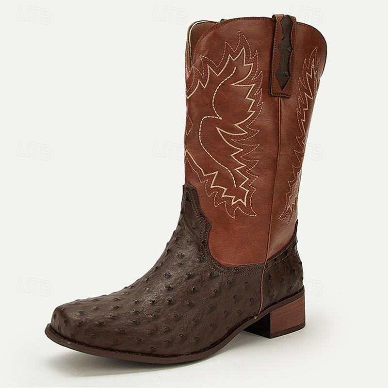 Men's Western Cowboy Boots with Orange Ostrich Leather and Dark Brown Embroidered Upper - Vintage Style for Rodeo and Casual Wear3