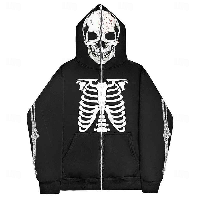 Halloween Skeleton Skull Hoodie Outerwear Zip-Up Hoodie For Men's Women's Adults' Halloween Carnival Hot Stamping Party Casual Daily