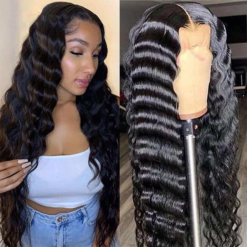 Human Hair Pre Plucked Human Hair 13X4 HD Transparent Loose Deep Wave Lace Front Wigs Human Hair for Black Women 150% Density Bleached knots with Baby Hair 20 Inch - Main Image