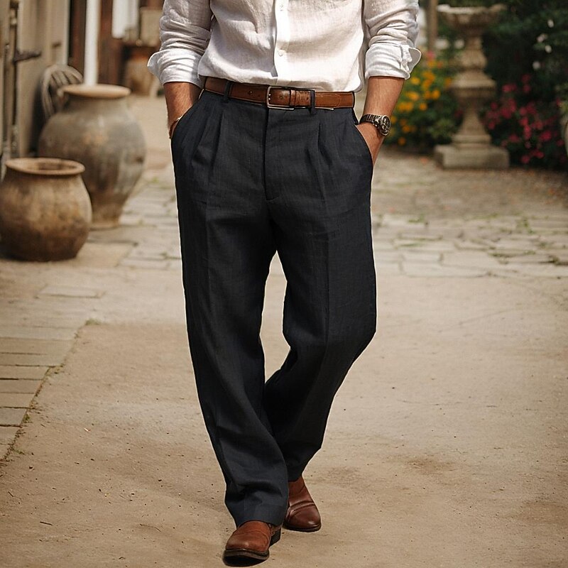 Men's Linen Pants Trousers Summer Pants Front Pocket Pleats Straight Leg Plain Comfort Breathable Full Length Casual Daily Holiday Fashion Basic Black Micro-elastic