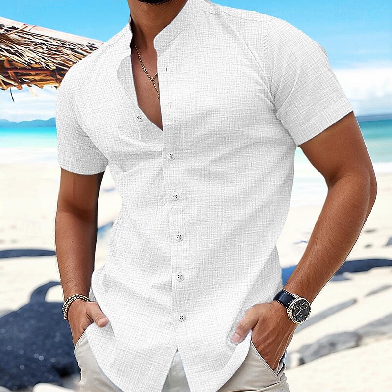 Men's Shirt Linen Shirt Summer Shirt Beach Wear Band Collar Shirt Button Up Shirt Plain Vacation Curise Black White Blue Orange Short Sleeve Band Collar Summer Clothing Apparel4