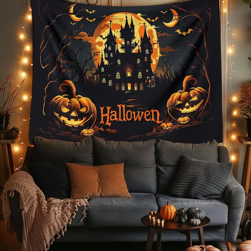 Halloween Decorations Hanging Tapestry Evil Pumpkin Castle Wall Art Large Tapestry Mural Decor Photograph Backdrop Blanket Curtain Home Bedroom Living Room3