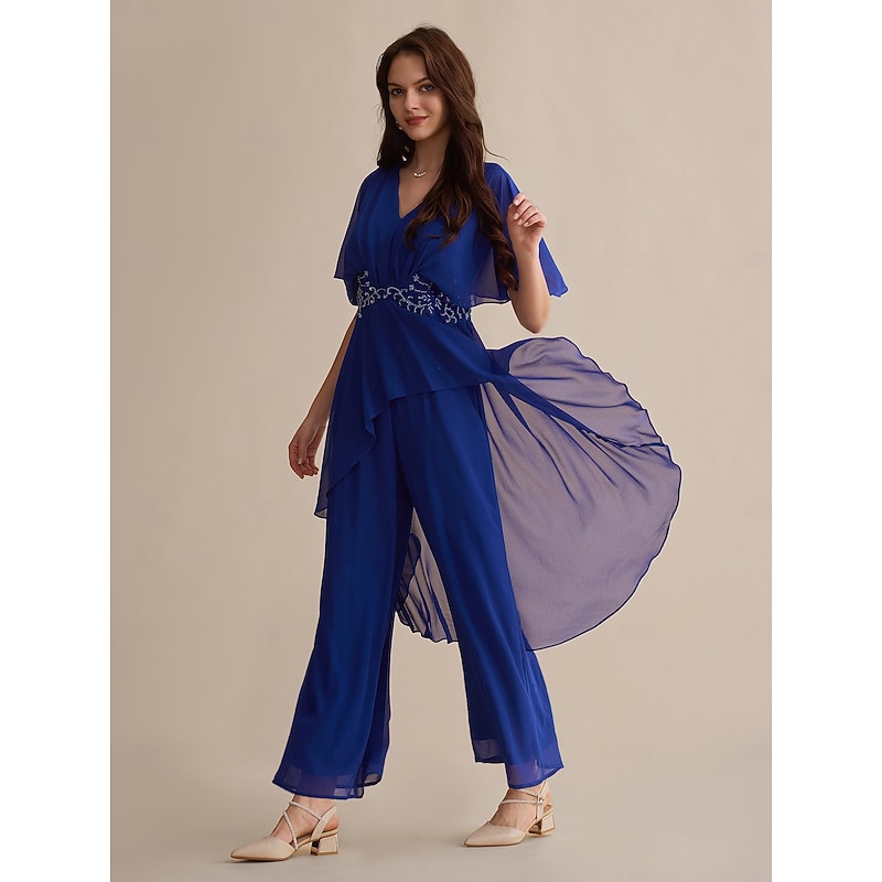 Royal Blue Chiffon Wedding Guest Sequin Embroidered Flare Cuff Sleeve V Neck Mother of the Bride Jumpsuit dress to impress 2024