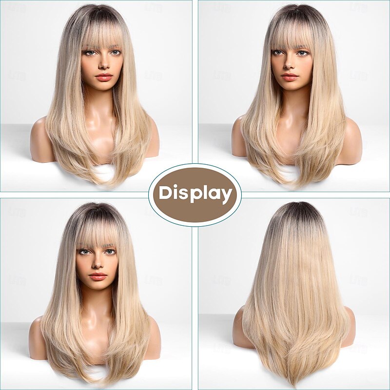 Ombre Blonde Wigs for Women Dark Root Long Straight layered Wig with Bangs Heat Resistant Fiber Synthetic Wigs Daily Natural looking Halloween Wigs2