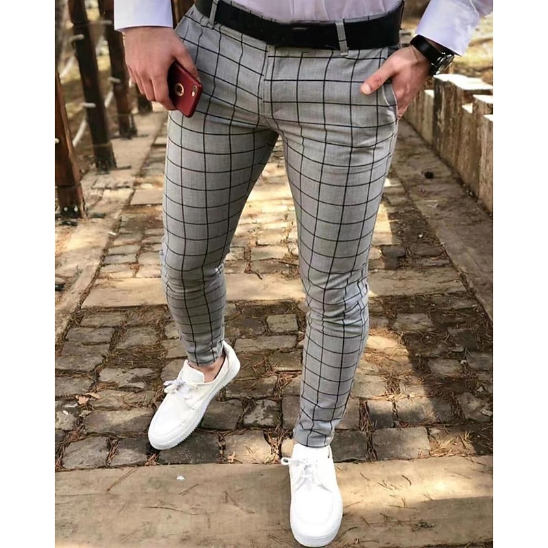 Men's Dress Pants Trousers Chinos Buttons Pocket Plaid Comfort Formal Party Work Fashion Classic Style Black Navy Blue Micro-elastic