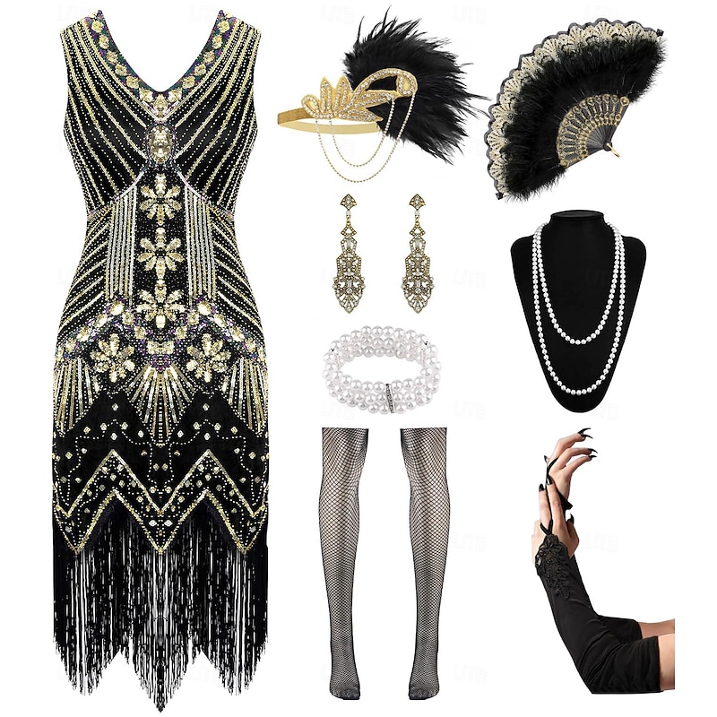 Retro Vintage Roaring 20s 1920s Flapper Dress Outfits Accesories Set The Great Gatsby Flapper Girl Wedding Guest Sequins Tassel Fringe Fancy Dress Women's Wedding Party Dress Club Adults' Dress
