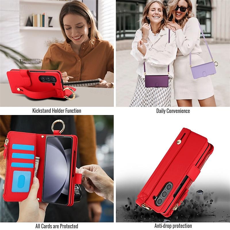Phone Case For Samsung Galaxy Z Fold 7 Z Fold 6 Z Fold 5 Z Fold 4 Z Fold 3 Wallet Case with Wrist Strap Ring Buckle Shockproof PC PU Leather3