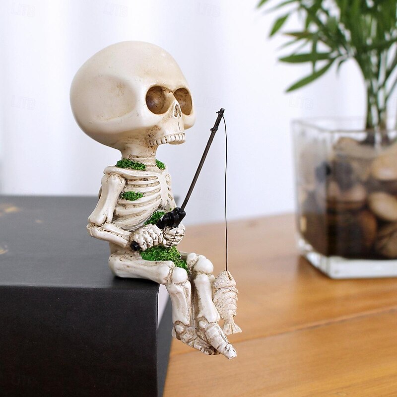 Halloween Fishing Skeleton Resin Figurine - Spooky Seated Skull Decoration for Indoor and Outdoor Haunted Atmosphere