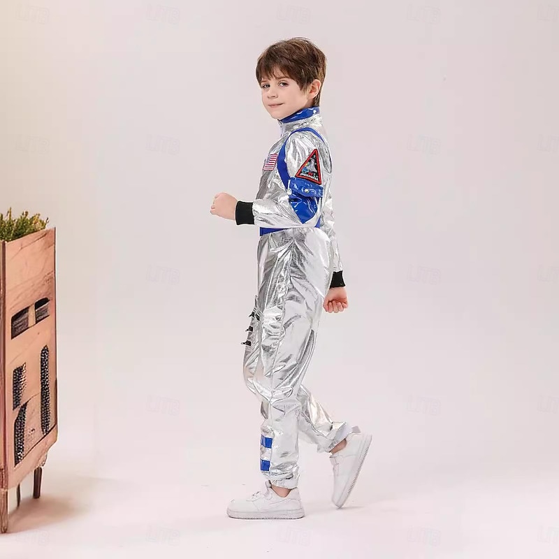 Astronaut Costume Jumpsuit Carnival Costume Onesie Group Costumes Silver Space Suit for Kid's Boys Girls' Party Easy Carnival Costume3